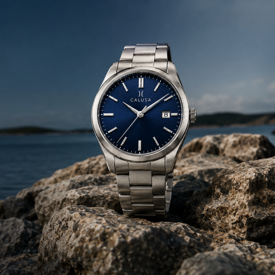 A stainless steel wristwatch with a dark blue dial and silver case, standing on a rocky shore with a blurred ocean and sky background.